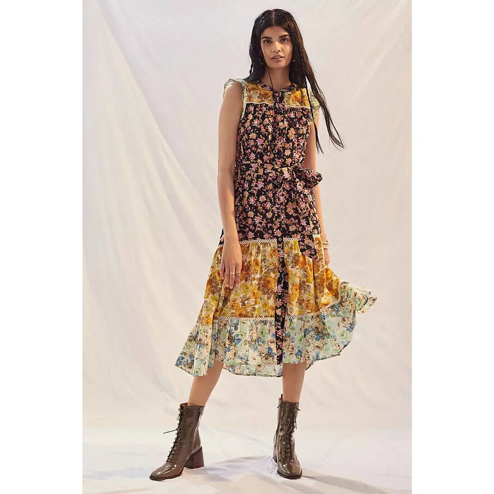by Anthropologie Ruffled Floral Midi Dress Black Motif Boho Size Large H14101 - Picture 1 of 12